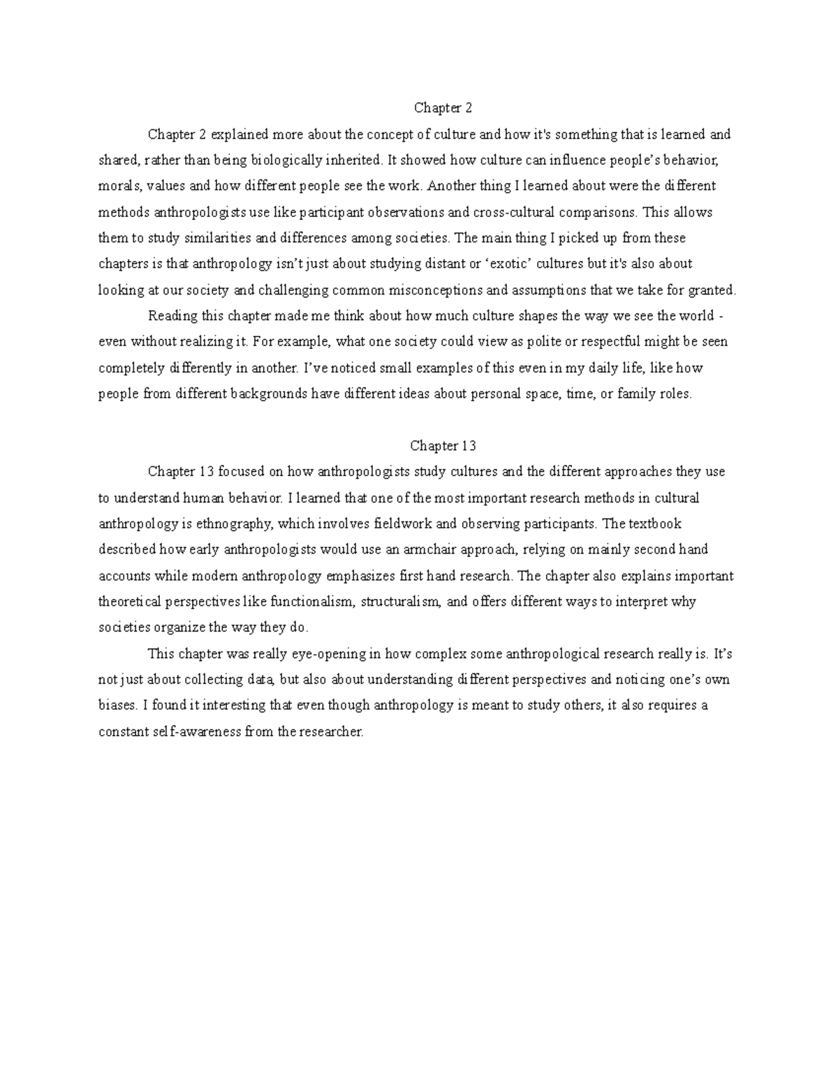 Chapter 2 & 13 Reflection: Understanding Culture in Anthropology - Studocu