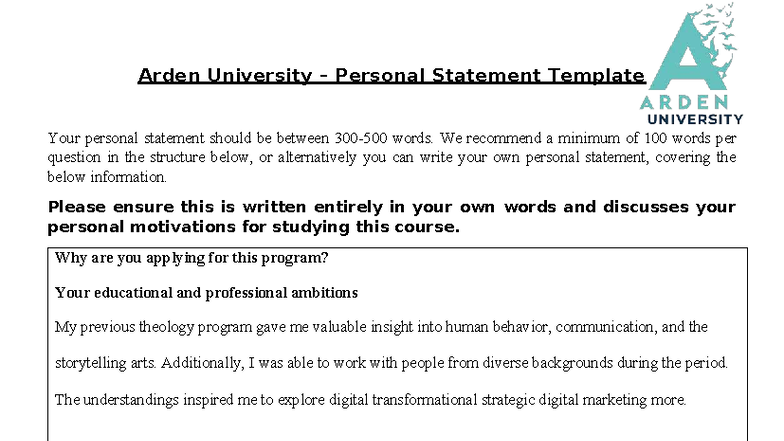 Arden University Personal Statement Template for Digital Marketing ...