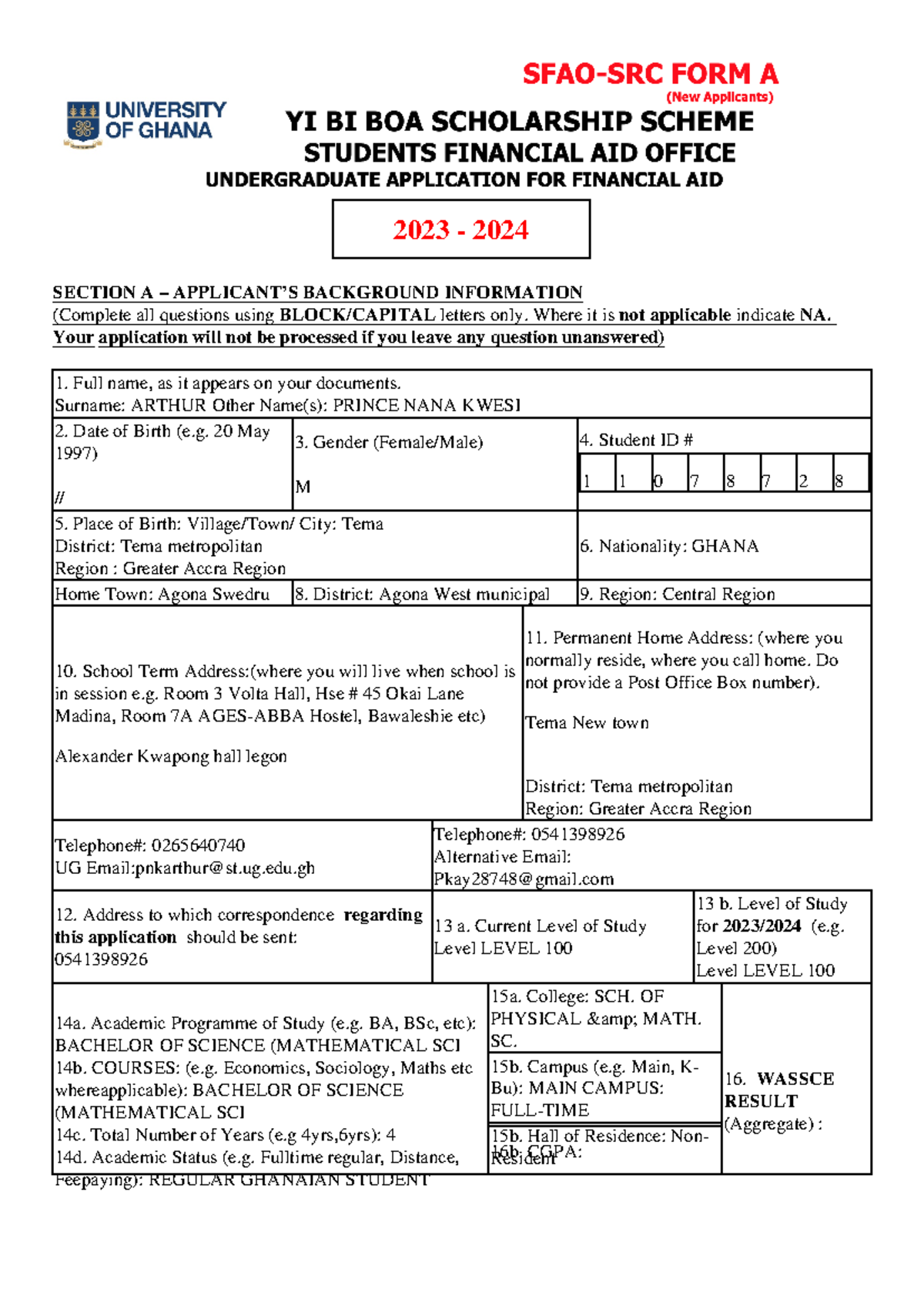 UG Admission Application Form for Academic Year 2023-2024 - Studocu