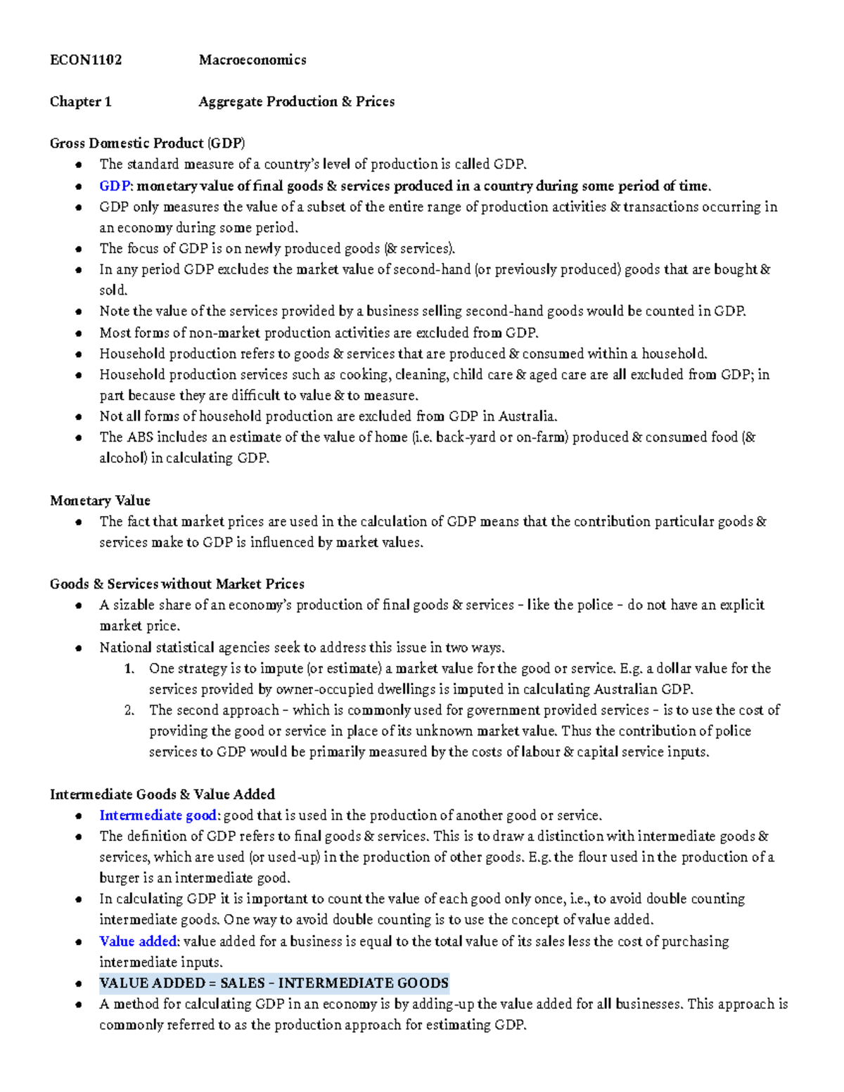 ECON1102 Notes - ECON1102 Macroeconomics Chapter 1 Aggregate Production ...