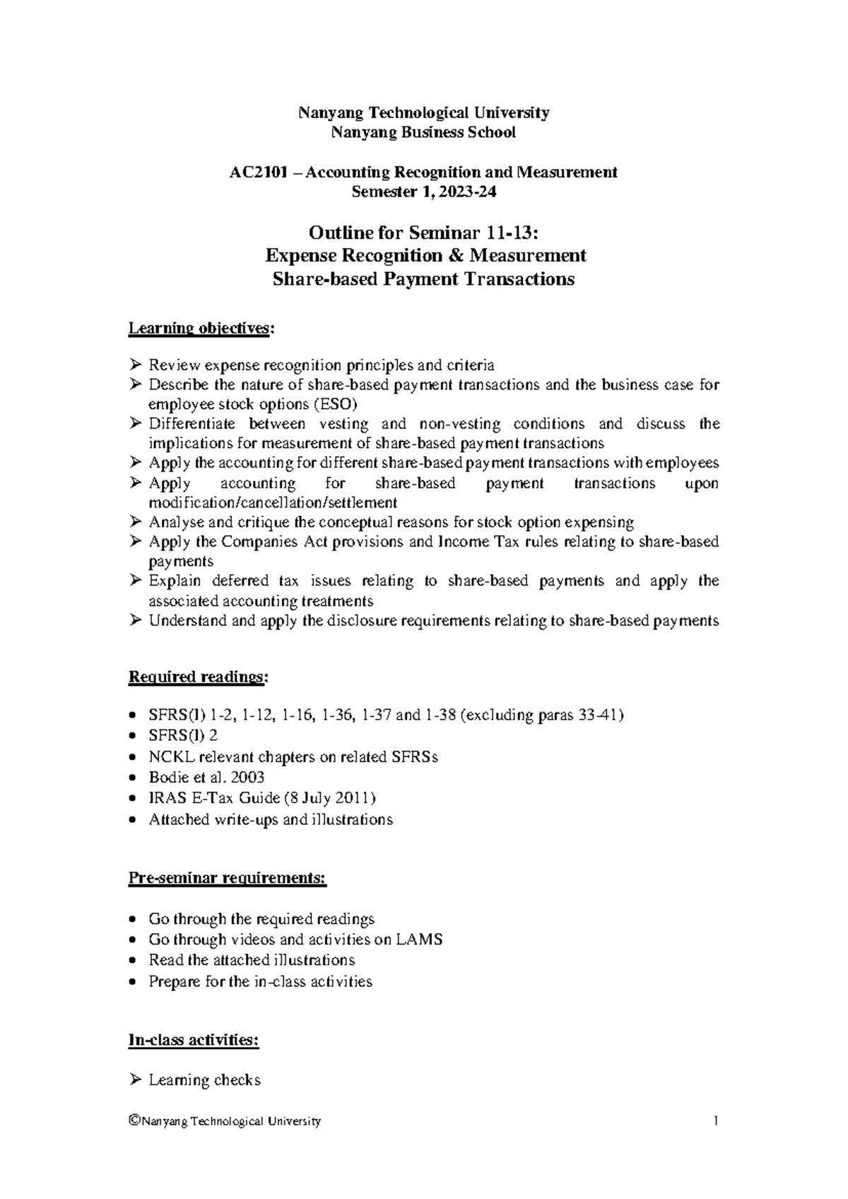 AC2101 Seminar 11-13: Updated Outline on Expenses & Share-Based Payments -  Studocu