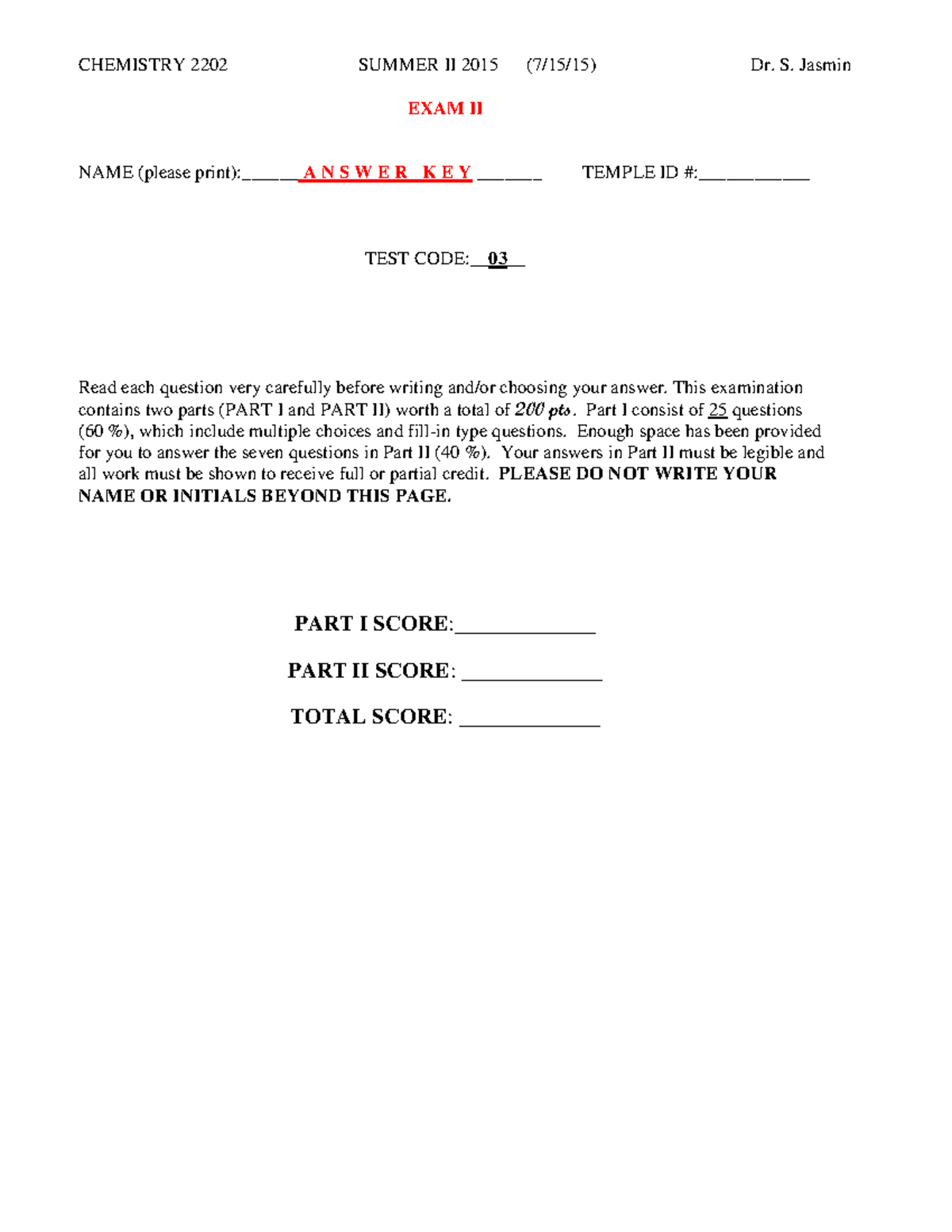 CHEM 2202 Test 2 Exam II Answer Key - Summer II 2015 - Studocu