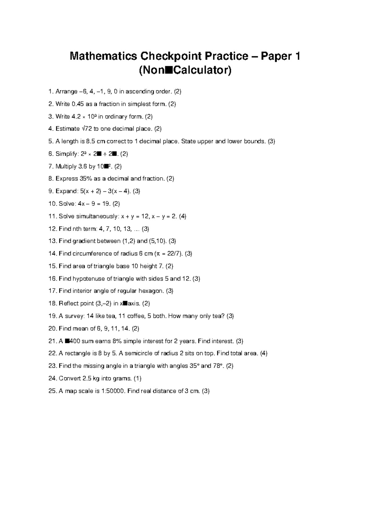 Mathematics Checkpoint Practice Paper 1: Extended Questions - Studocu