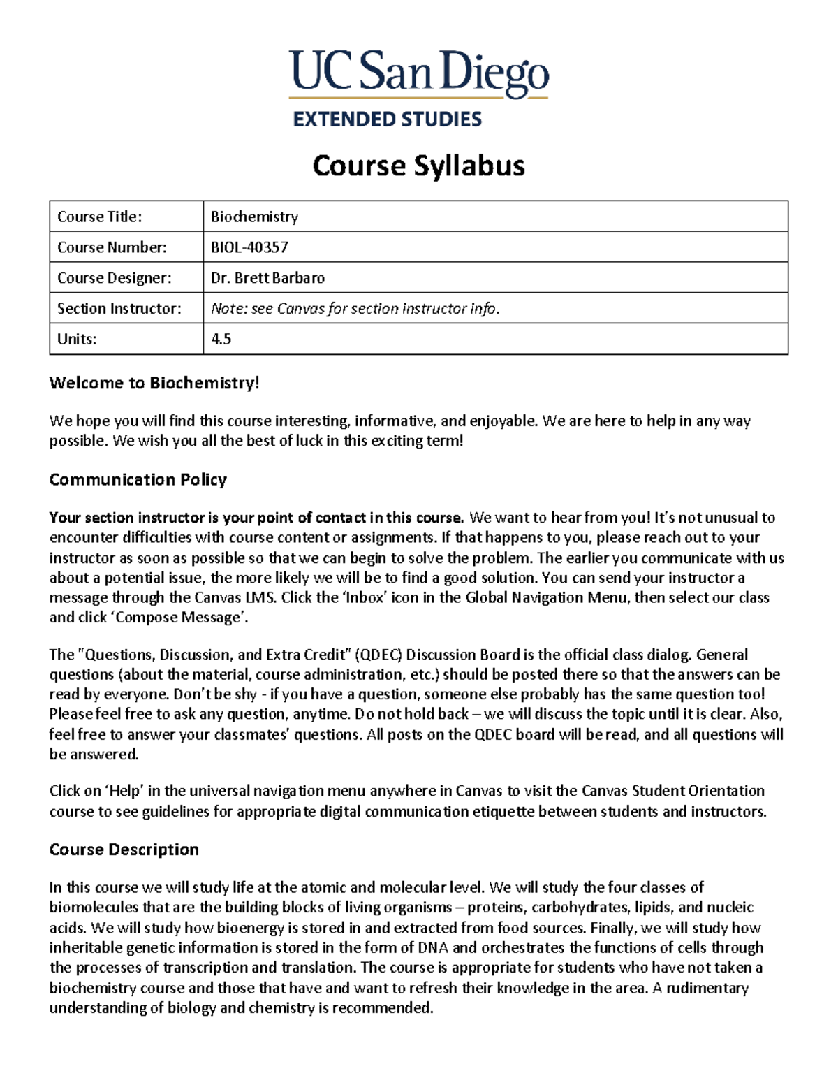UCSD DES Biochemistry Course Syllabus 2026 - Studocu