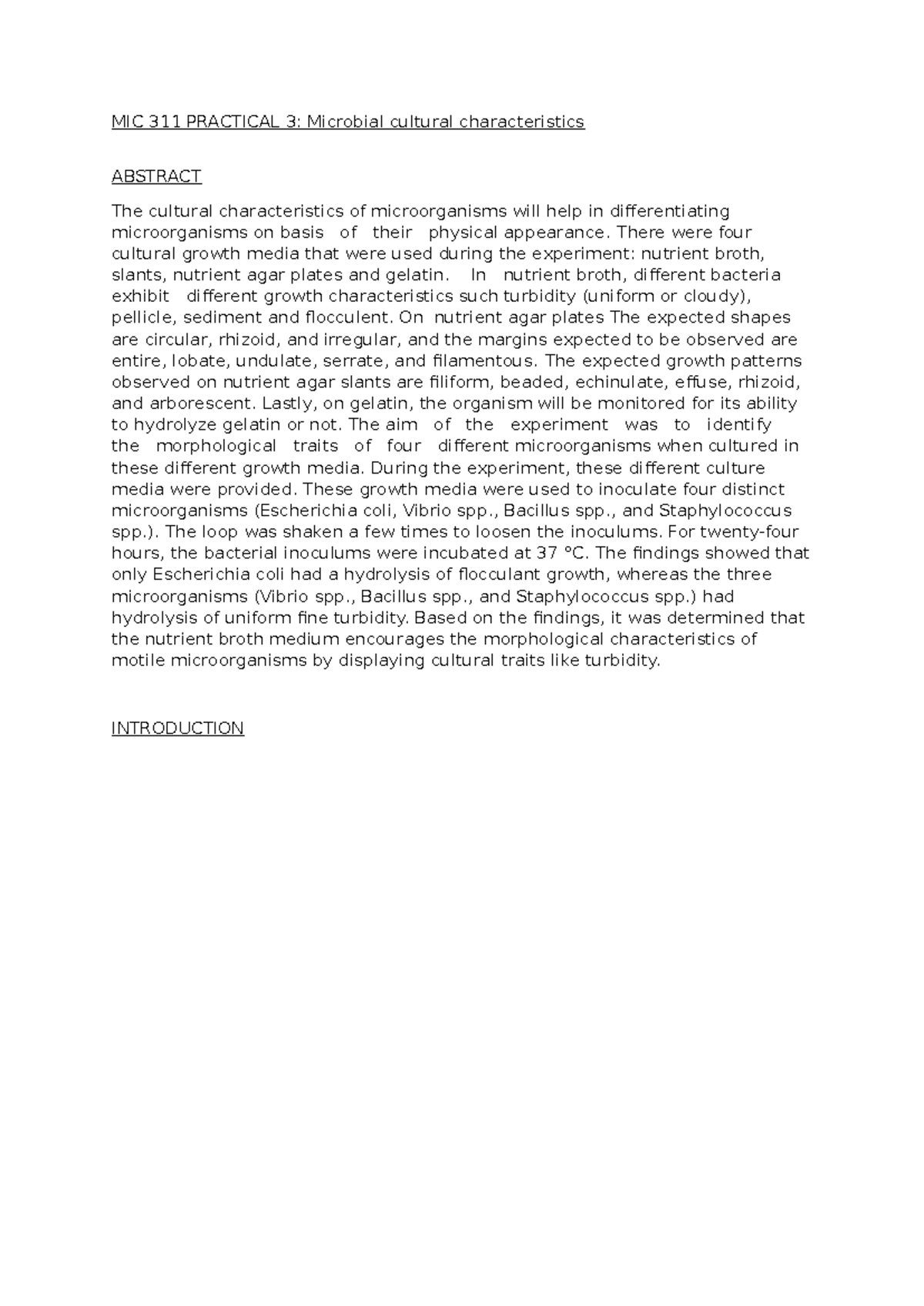 MIC 311 Practical 3 - Microbial Cultural Characteristics Analysis - Studocu
