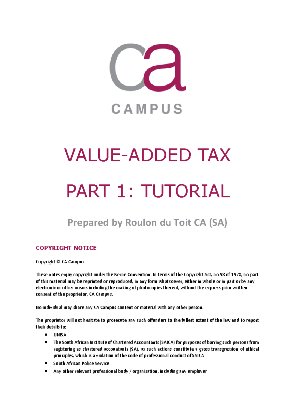 VAT - Part 1 - Tutorial Notes for Financial Accounting 3A (ACCT311 ...
