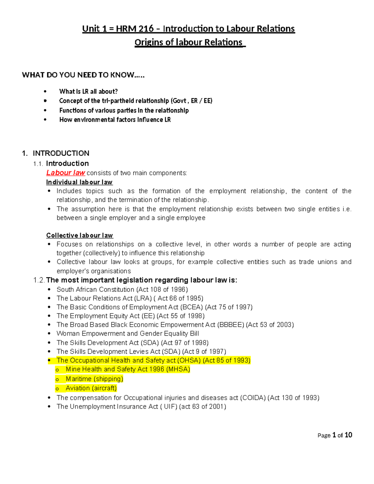 Unit 1 HRM 216: Introduction to Labour Relations and Its Origins - Studocu