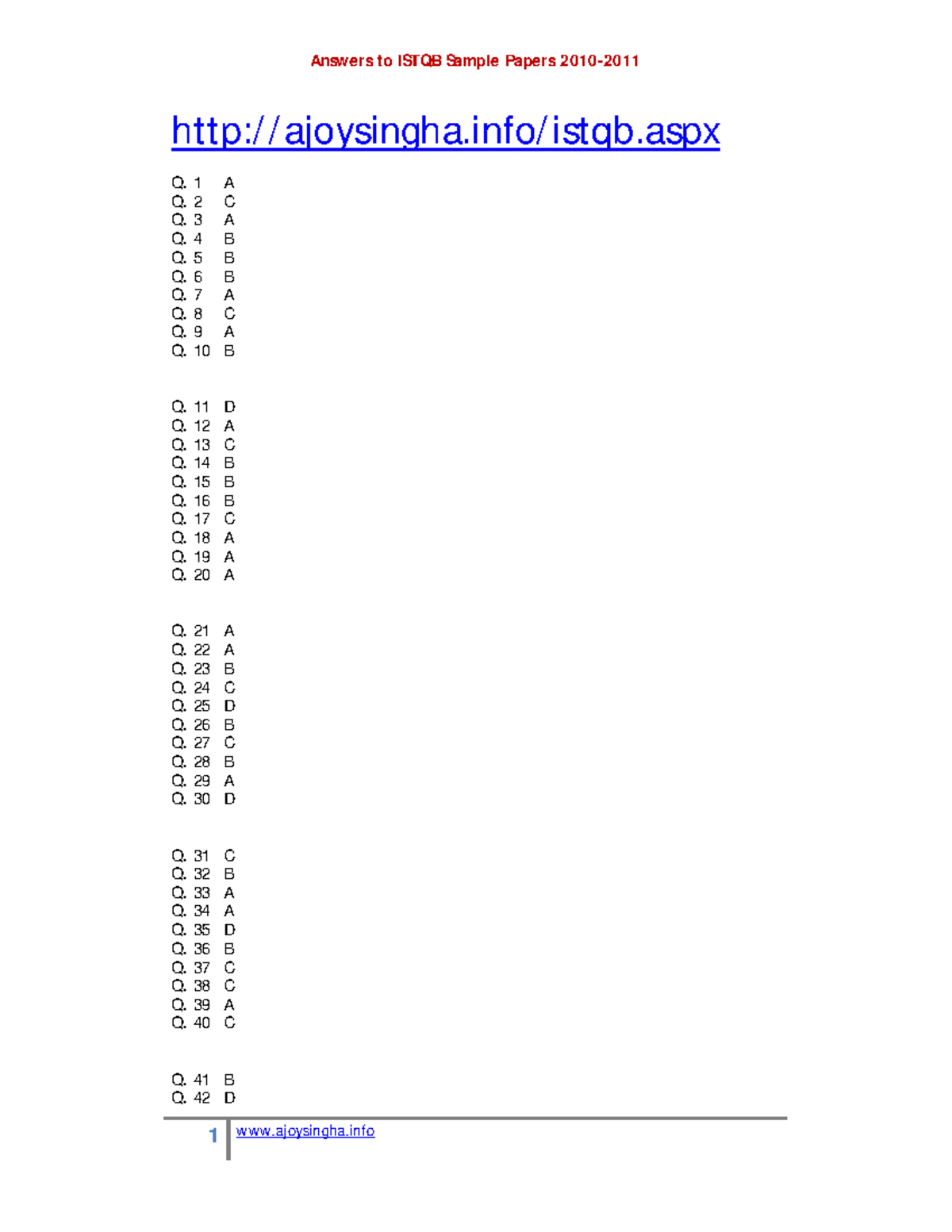 04- ĐÁP ÁN - Answers to 500 ISTQB Sample Papers (2010-2011) - Document Preview