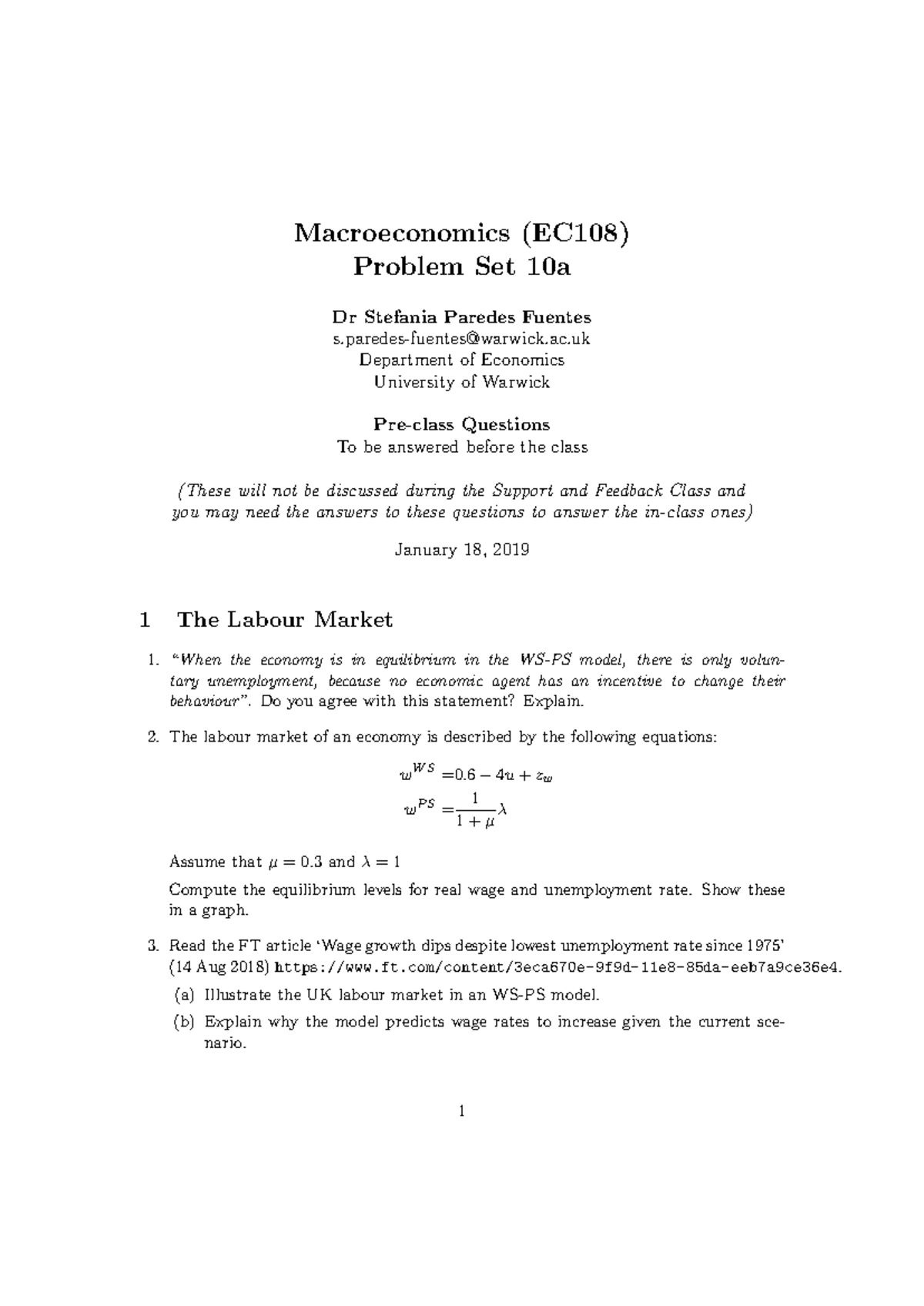 PS10a -Labour Market and PC - Macroeconomics (EC108) Problem Set 10a Dr ...
