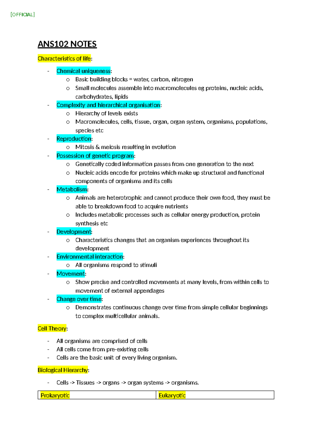 ANS102 Notes: Characteristics of Life and Cellular Biology Overview ...