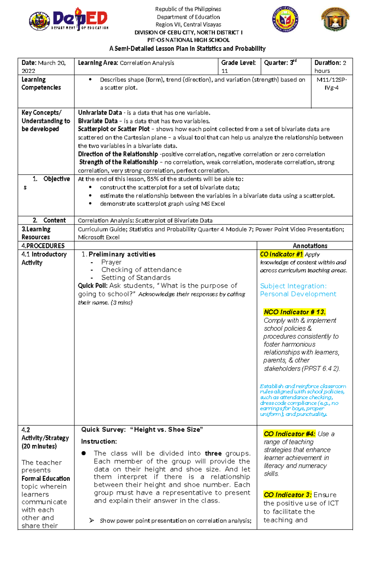 Lesson plan for statistics and probability: Correlation analysis and ...