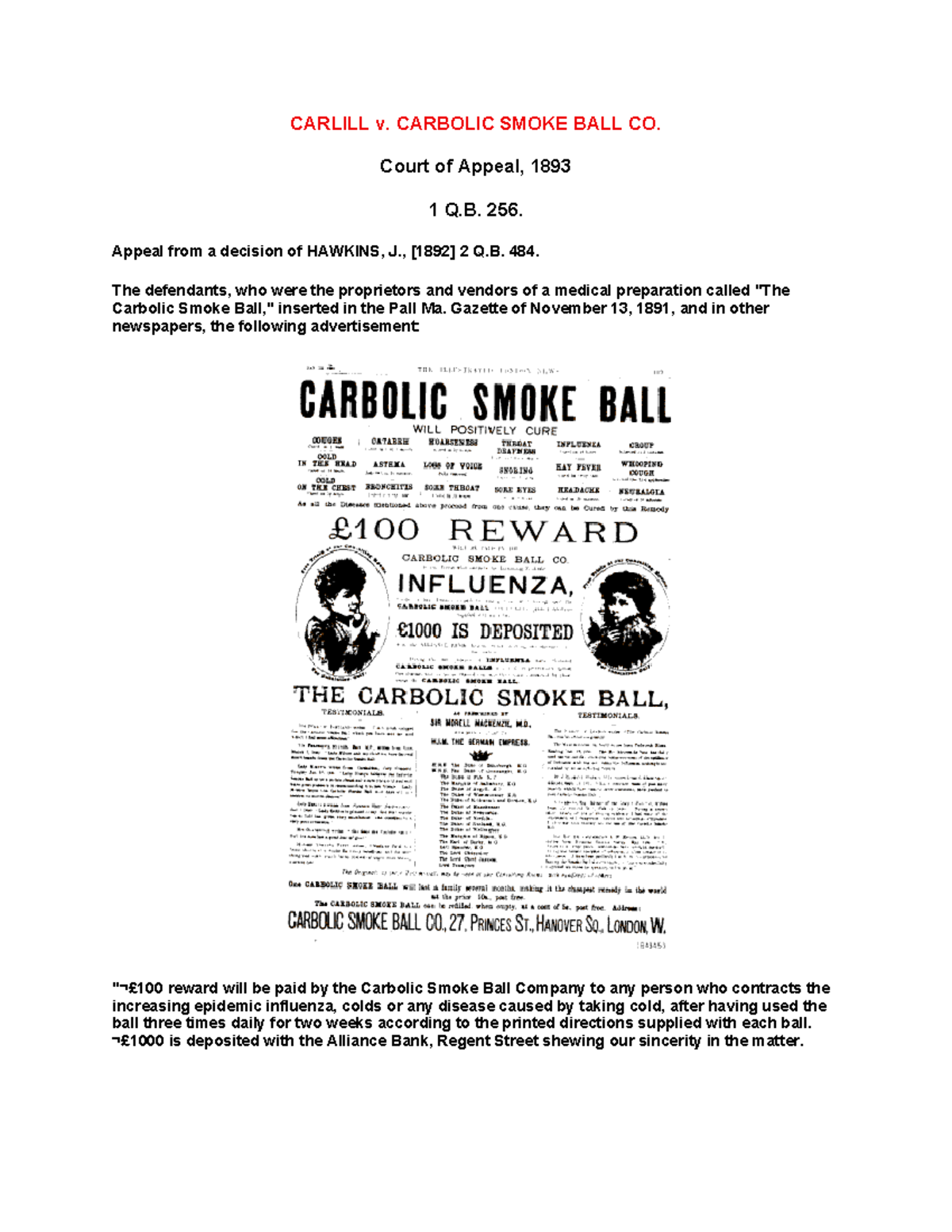 Carlill v. Carbolic Smoke Ball Co. - Court of Appeal Analysis - Studocu