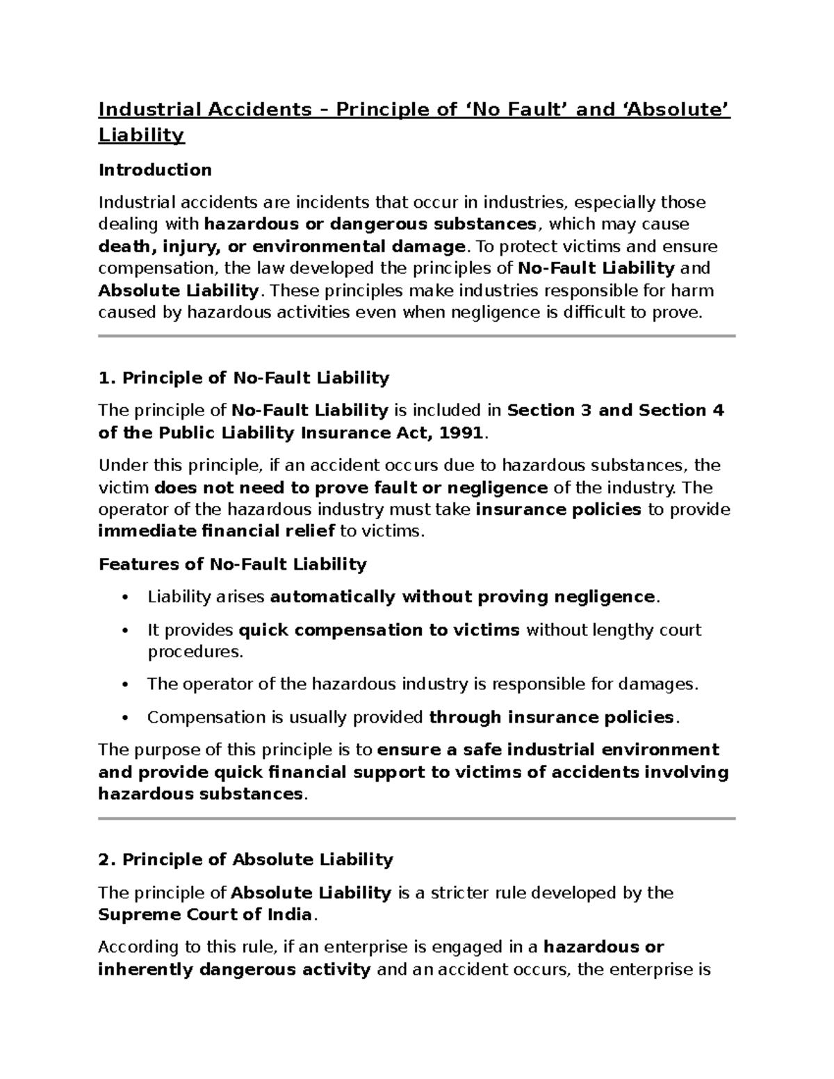 Industrial Accidents: Principles of Liability & Absolute Liability (Env ...