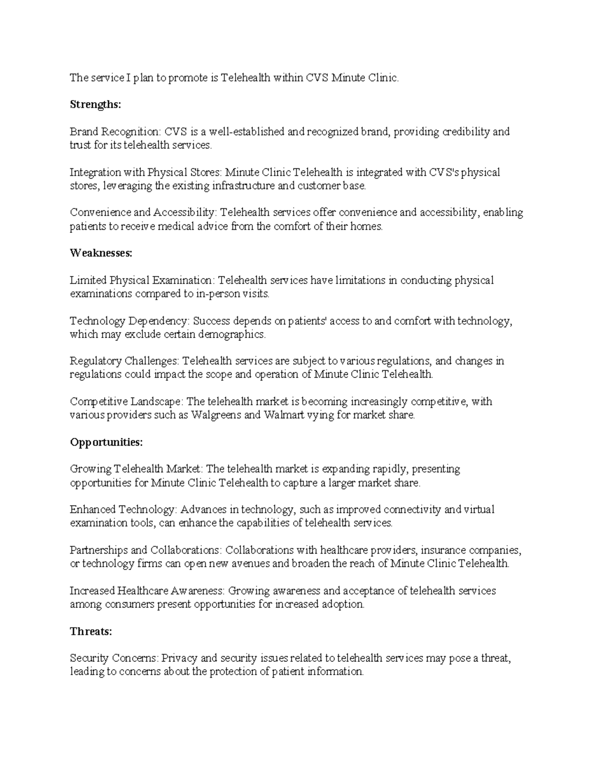 Module 4 SWOT Analysis for CVS Minute Clinic Telehealth Services - Studocu