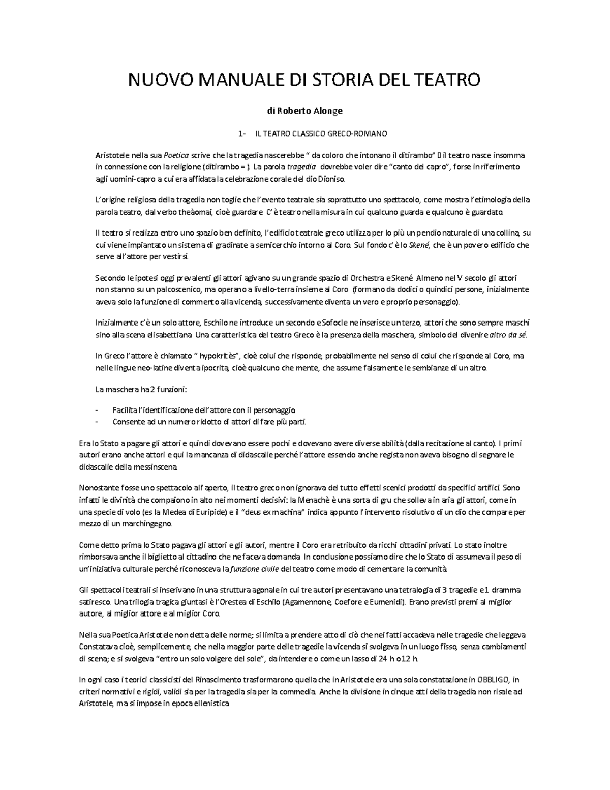 Riassunto: Storia del Teatro e dello Spettacolo (Alonge, Perrelli) - Document Preview