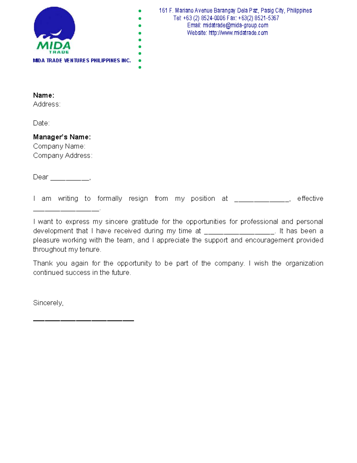 Sample Resignation Letter for MIDA TRADE VENTURES PHILIPPINES INC ...