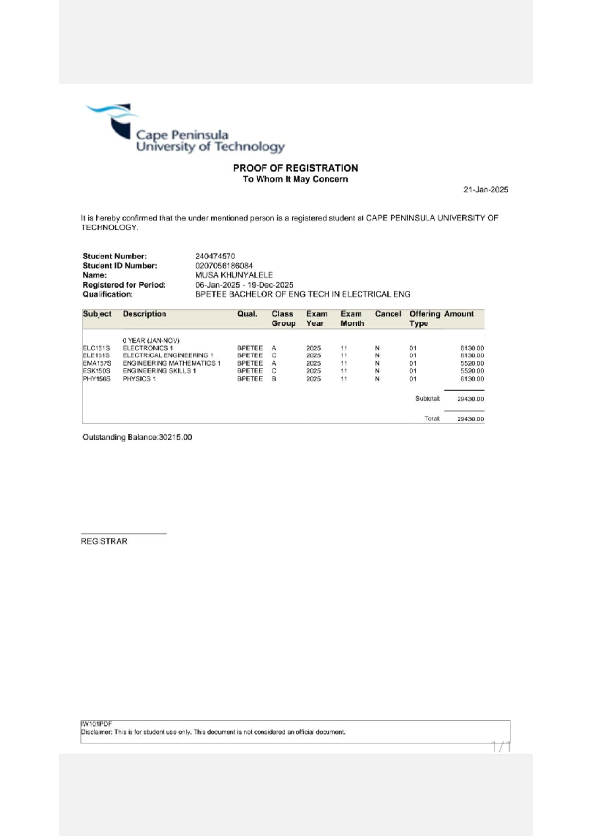 Proof of registration - Past papers - Cape Peninsula University of ...