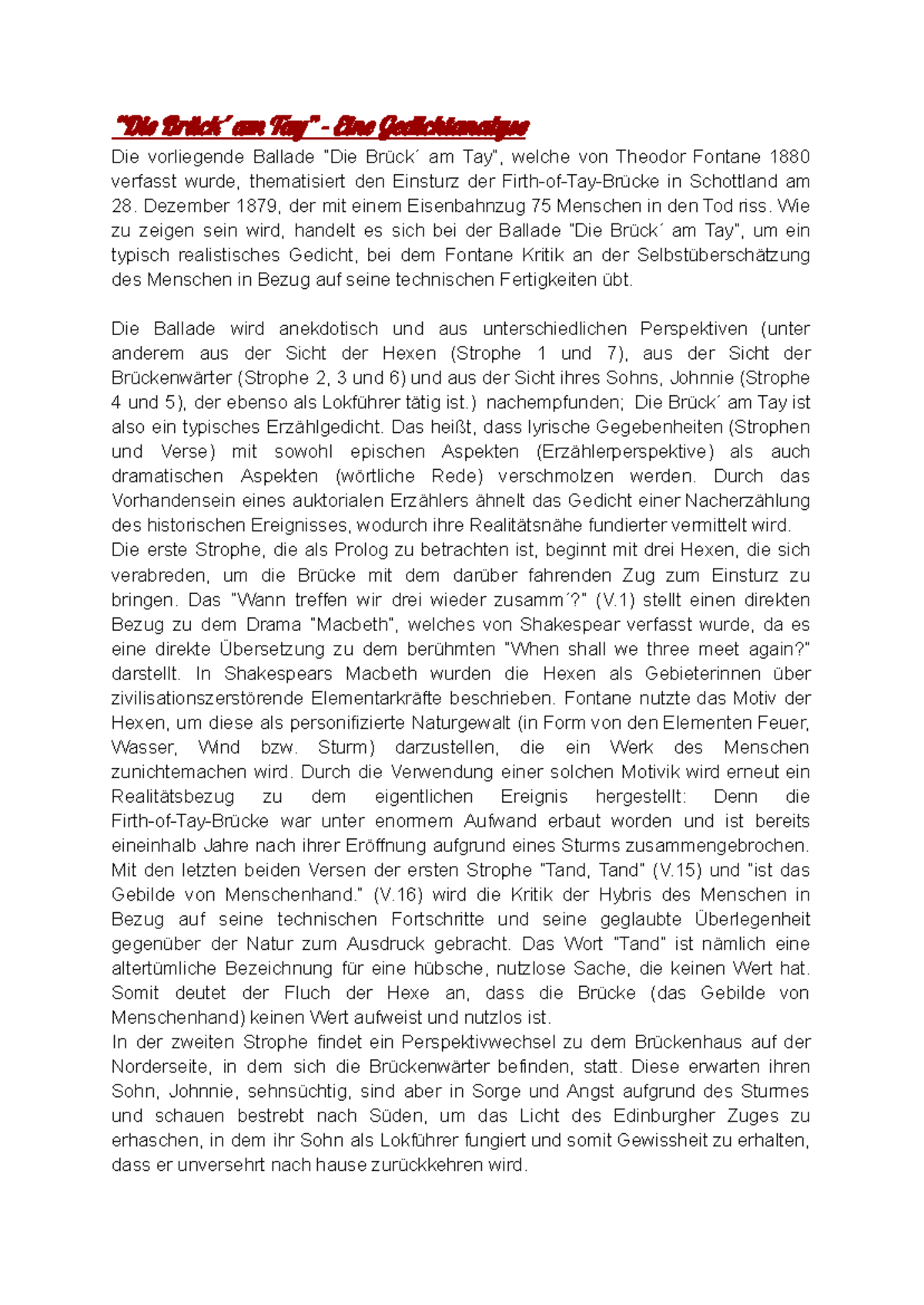 Gedichtanalyse: "Die Brück' am Tay" im Detail - Studocu