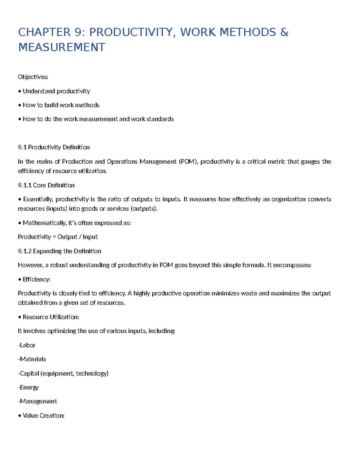 CHAPTER 9: PRODUCTIVITY, WORK METHODS & MEASUREMENT Insights - Studocu