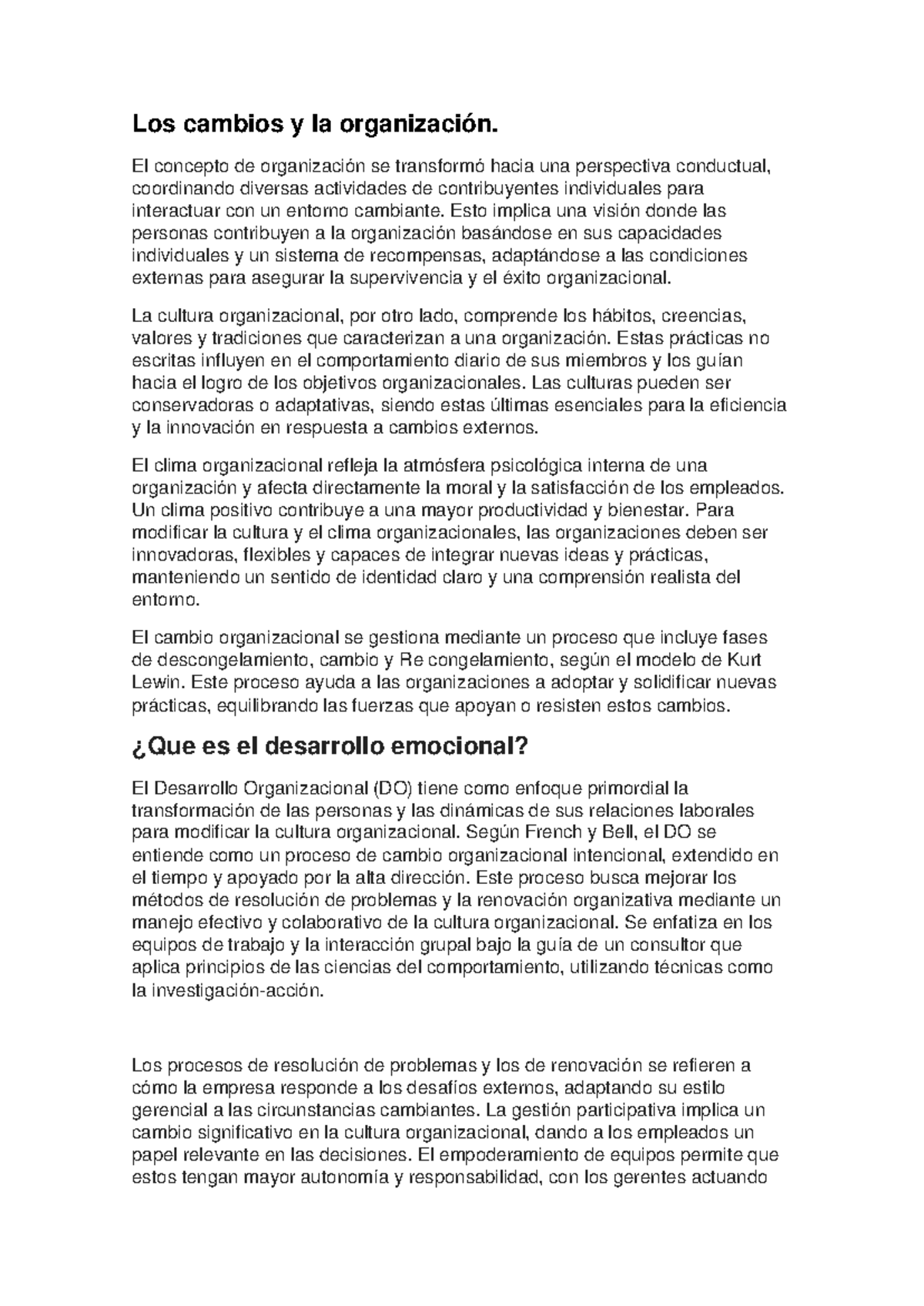 Desarrollo Organizacional: Cambios y Efectos en la Cultura - Studocu