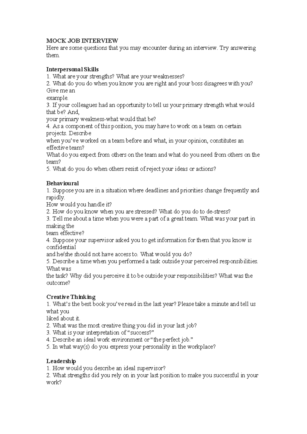 MOCK JOB INTERVIEW: Possible Questions for Candidates - Studocu