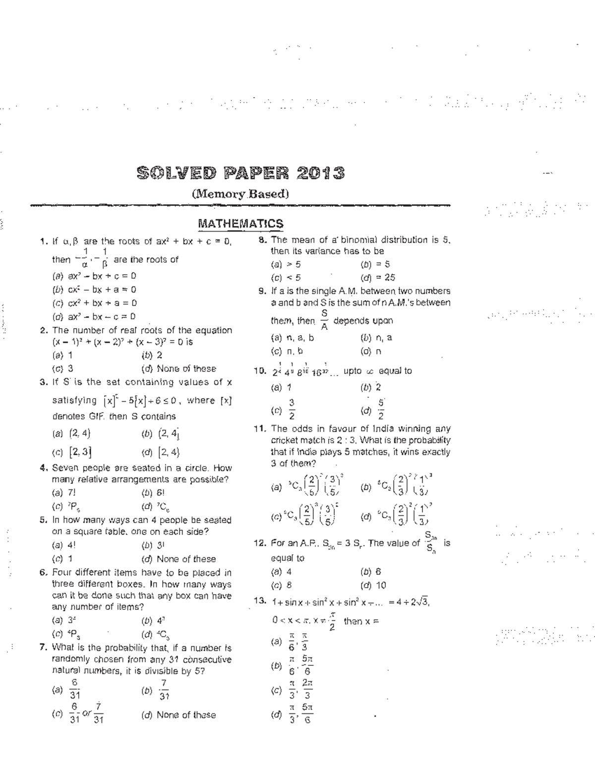 BITSAT 2013 Solved Paper: Mathematics, Physics, Chemistry, and Logical ...
