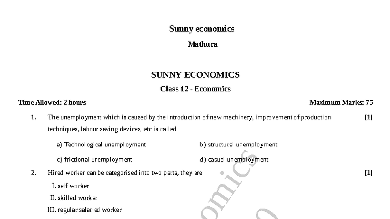 Class 12 Economics: Unemployment and Economic Activities - Study Notes ...