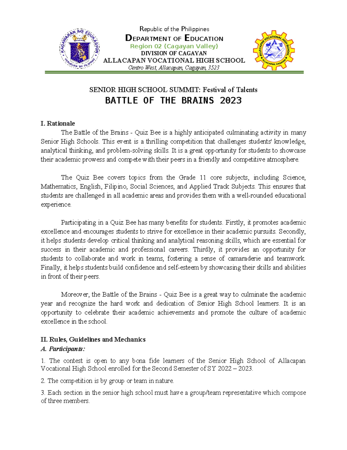 Guidelines for Battle of the Brains Quiz Bee - SY 2022-2023 - Studocu