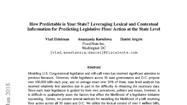 Predicting Legislative Floor Action: A State-Level Analysis (1806 ...
