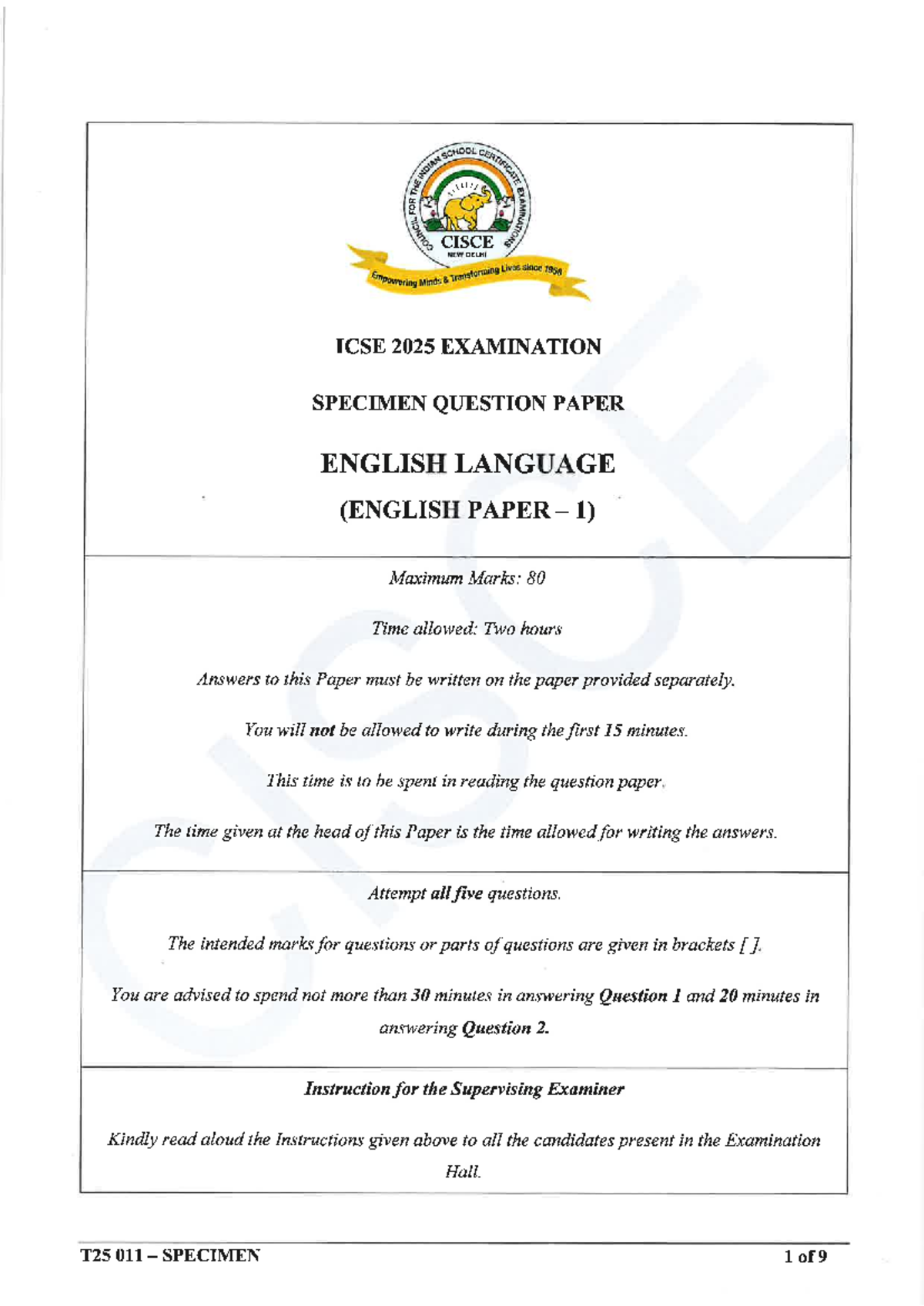 CISCE ICSE 2025 ENGLISH LANGUAGE SPECIMEN QUESTION PAPER - Studocu
