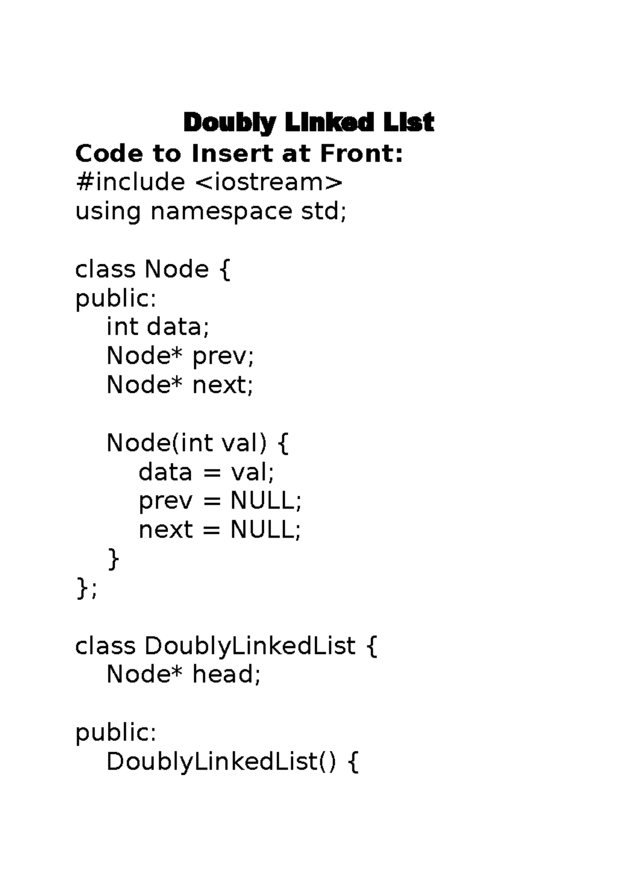 Doubly Linked List Operations Code: Insert, Delete, Display - Studocu