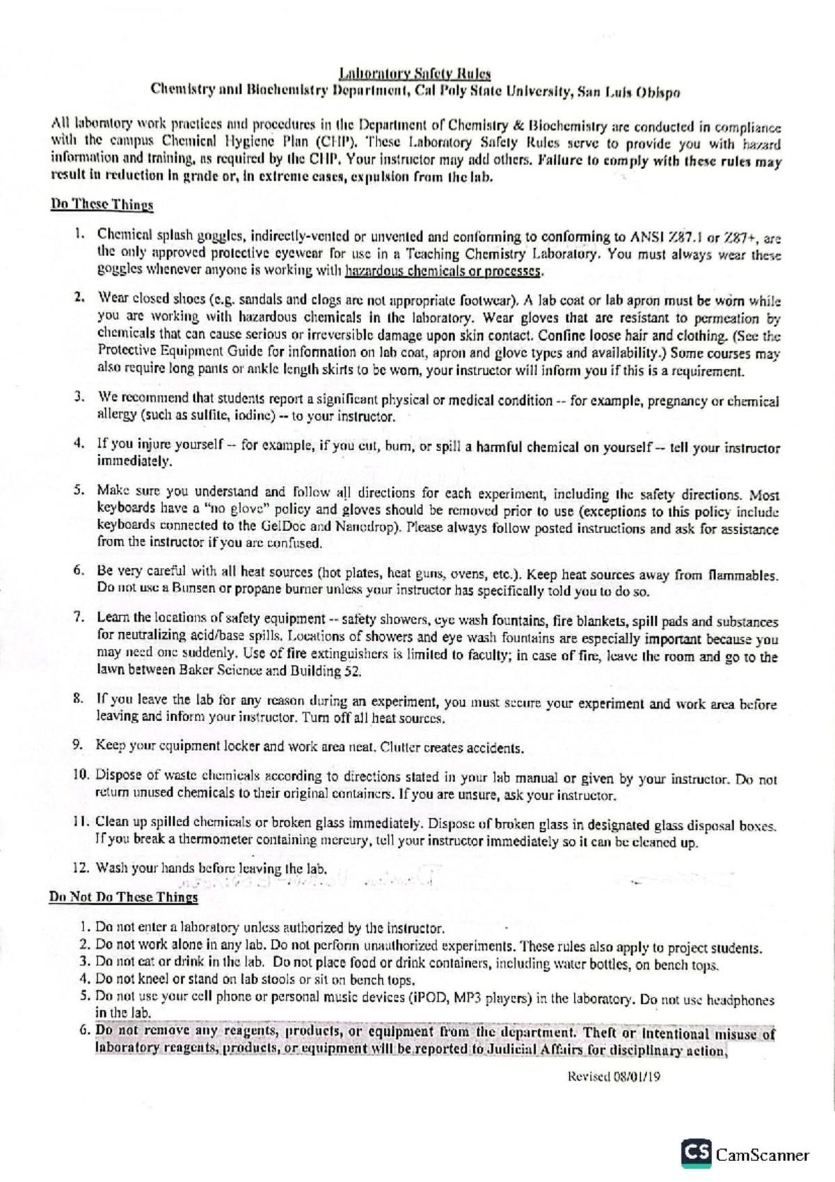 Chemistry Lab Safety Rules - Chemistry & Biochemistry Dept. - Studocu