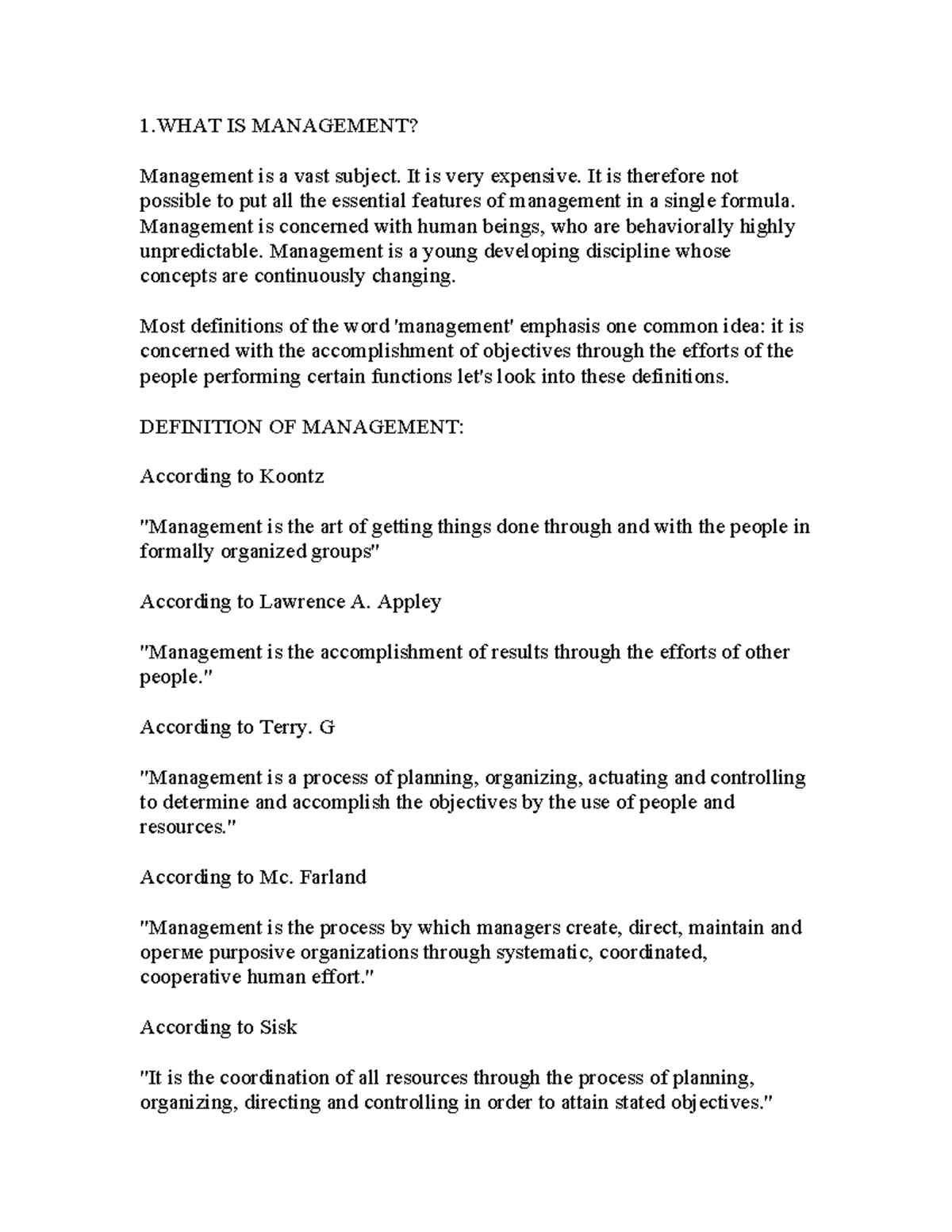 Management - I want motes - 1 IS MANAGEMENT? Management is a vast ...