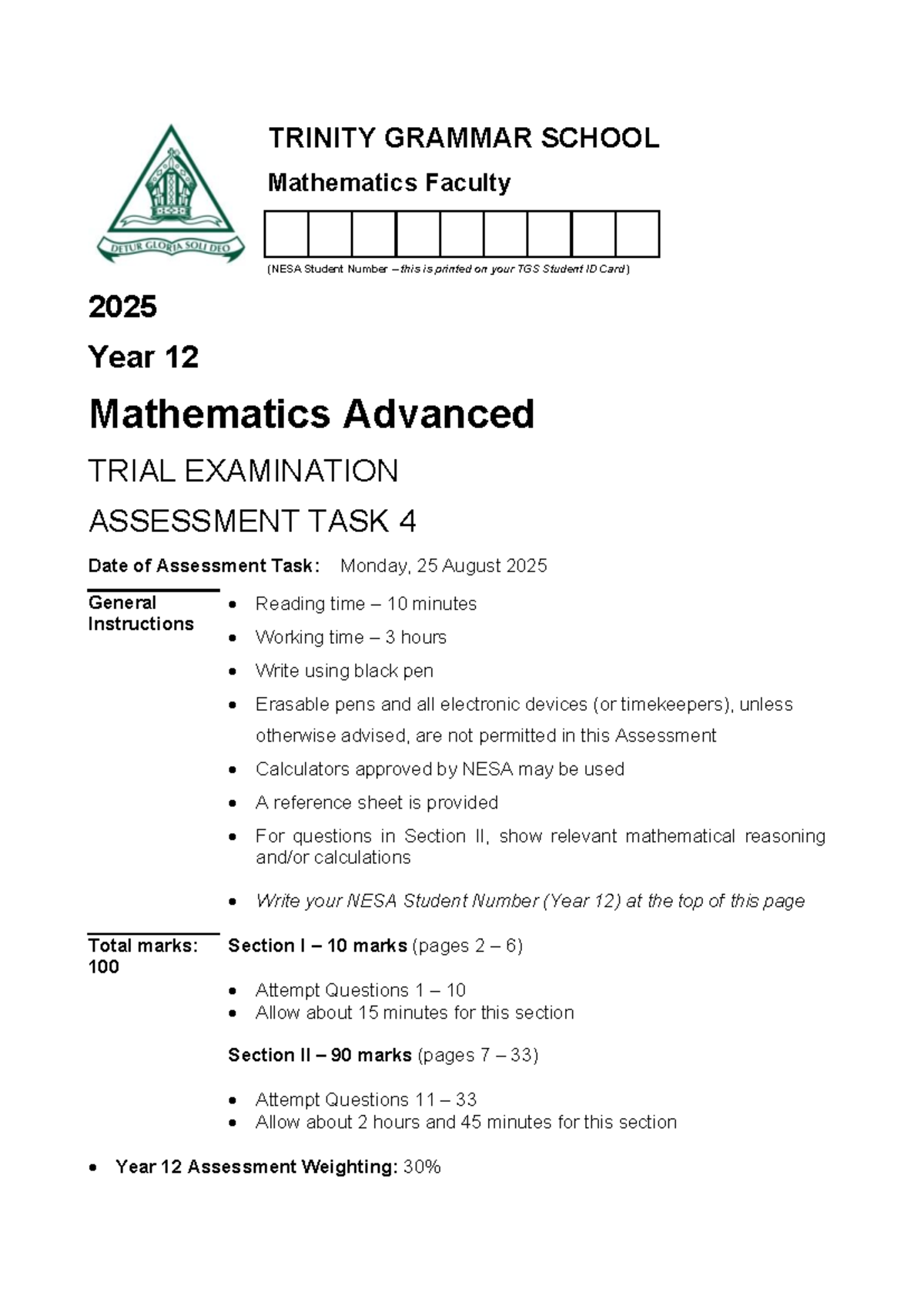 2025 HSC Year 12 Mathematics Advanced Trial Exam QP - Studocu