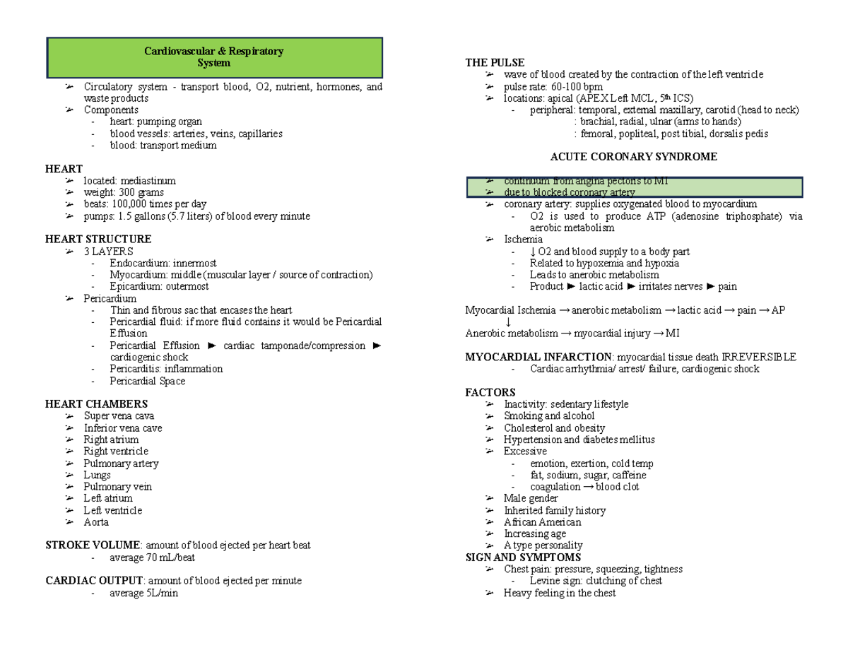 CA1 - Cardiovascular and Respiratory System Overview - Studocu