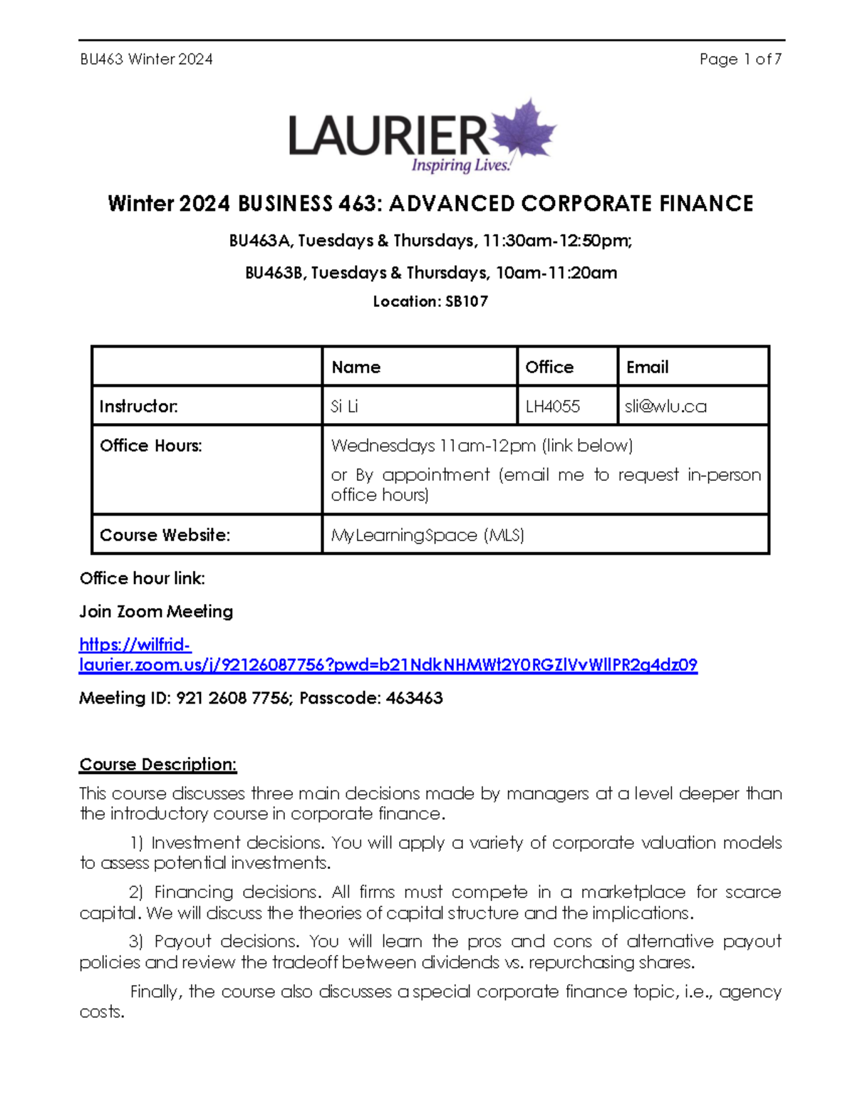 Winter 2024 BU463 Advanced Corporate Finance Course Outline - Studocu