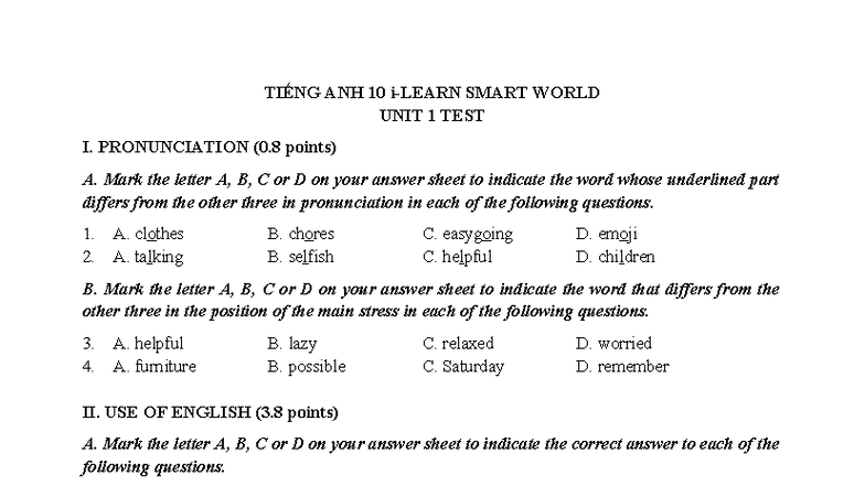 Smart World 10 Unit 1 Pronunciation & Use of English Test - Studocu