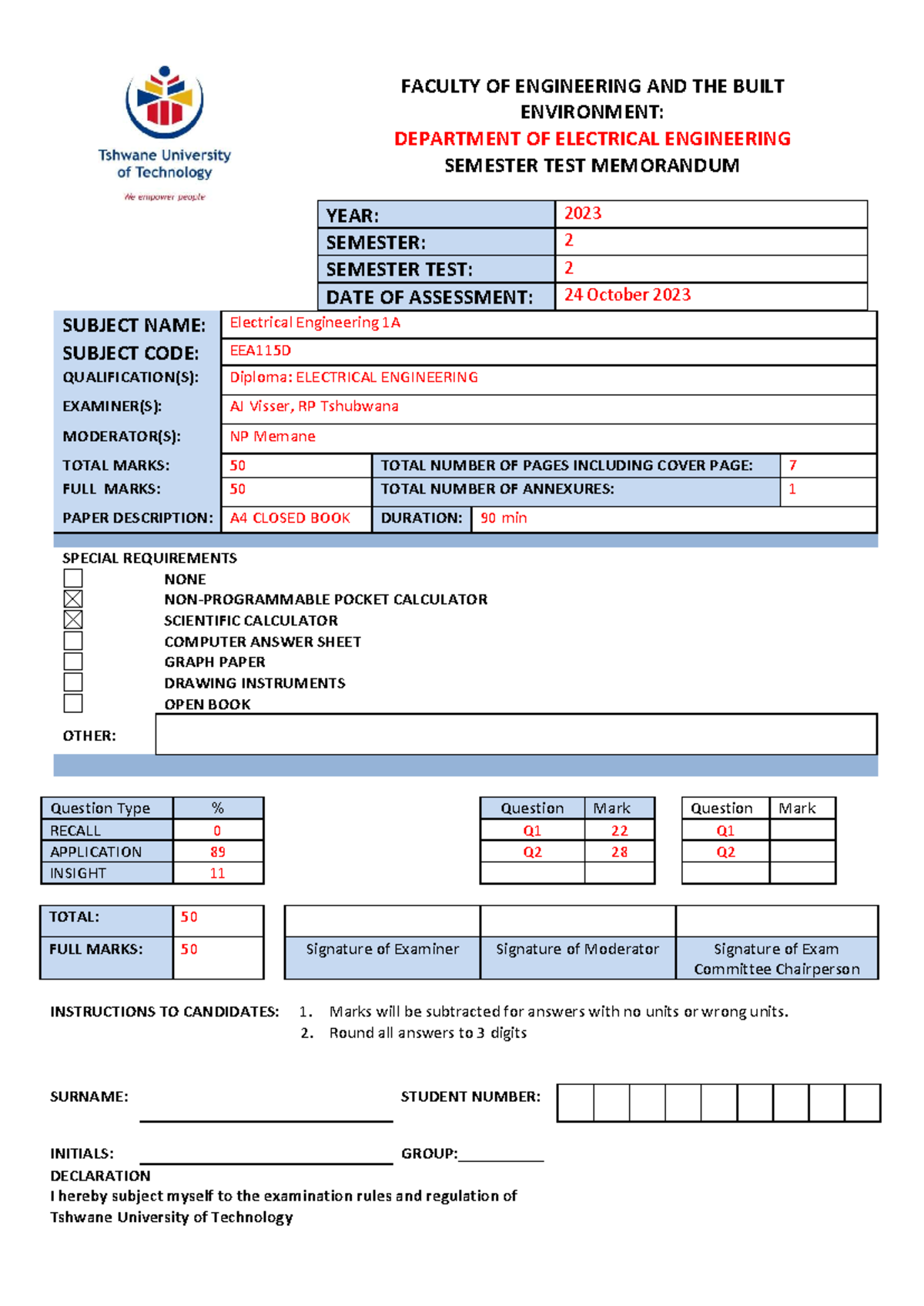EEA115D Sem Test 2 Memo October 2023 - Electrical Engineering 1A - Studocu