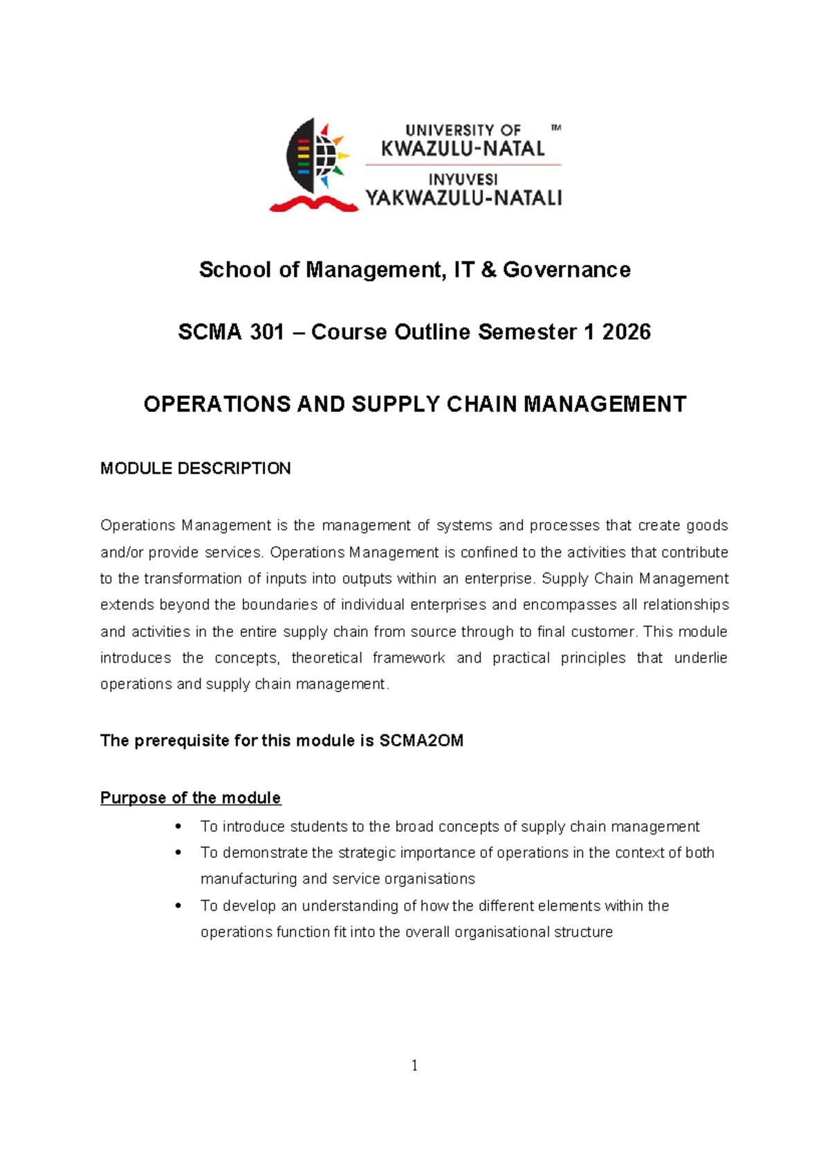 SCMA 301 Operations and Supply Chain Management Course Outline 2026 ...