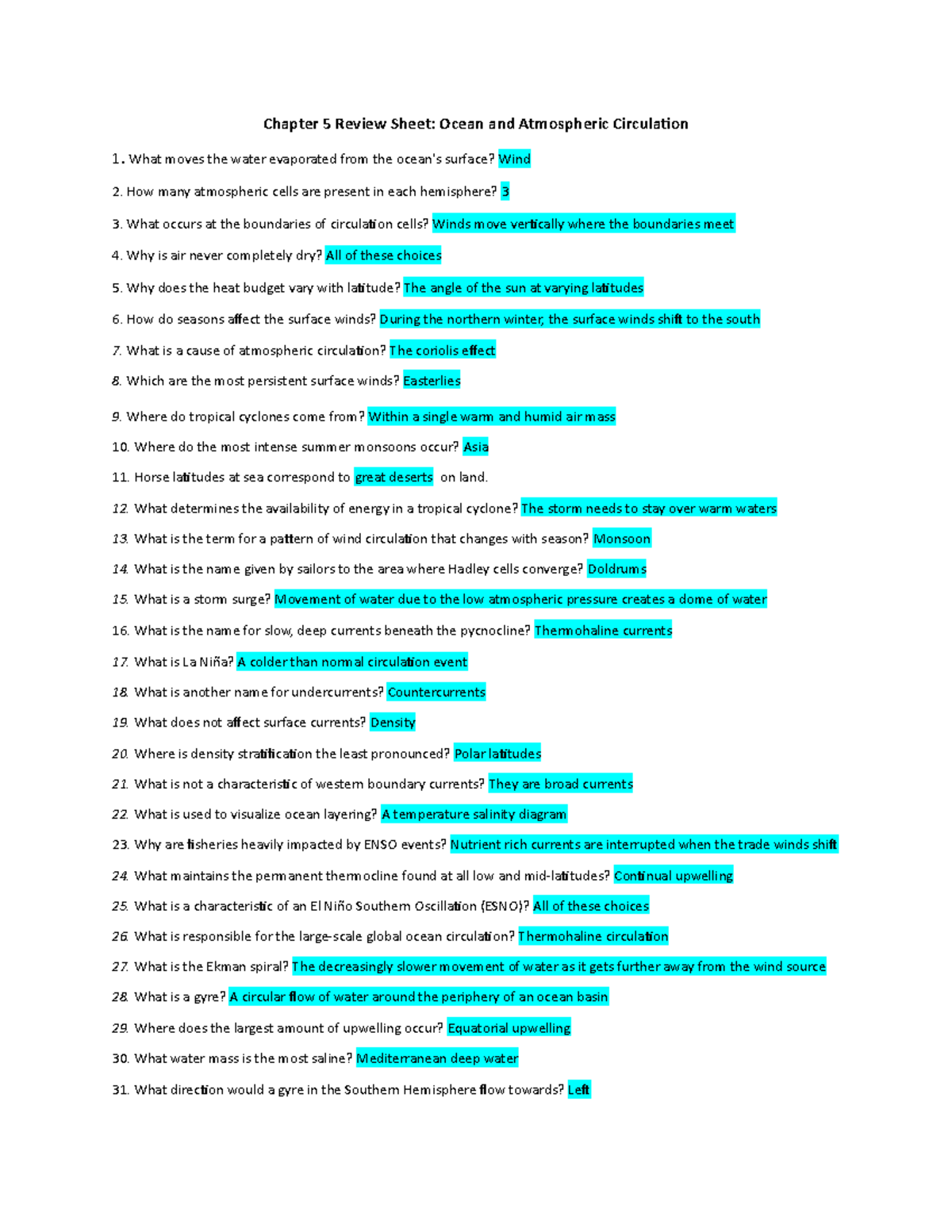 Chapter+5+Review+Sheet copy - Chapter 5 Review Sheet: Ocean and ...