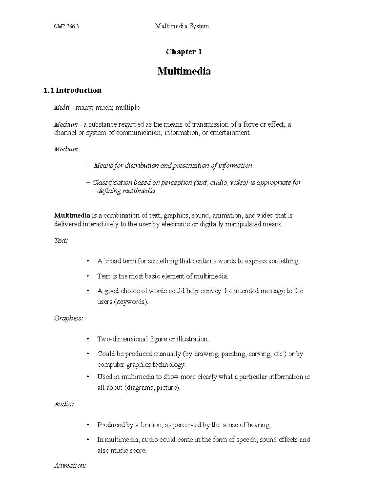 CMP 366.3 Chapter 1: Introduction to Multimedia Systems - Studocu