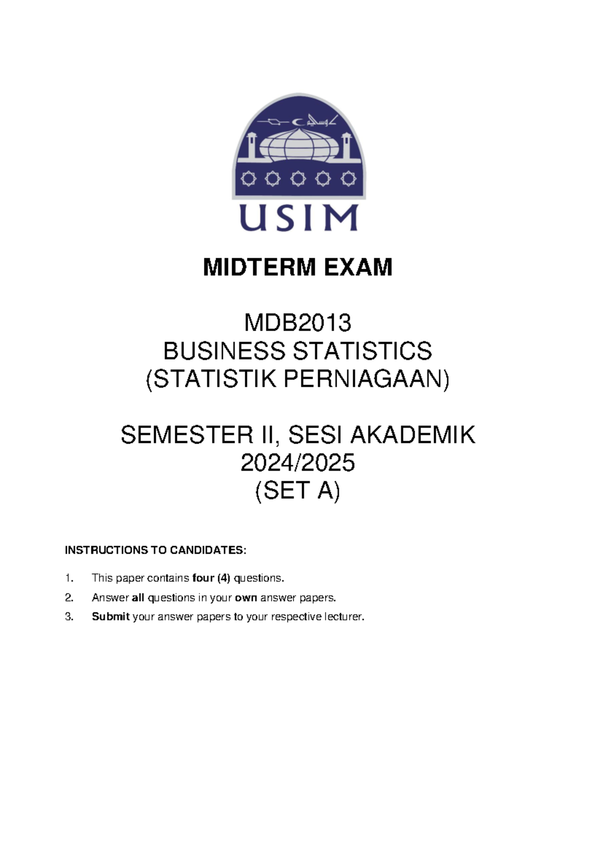 MIDTERM EXAM MDB2013 BUSINESS STATISTICS SEM II 2025 (SET A) - Studocu