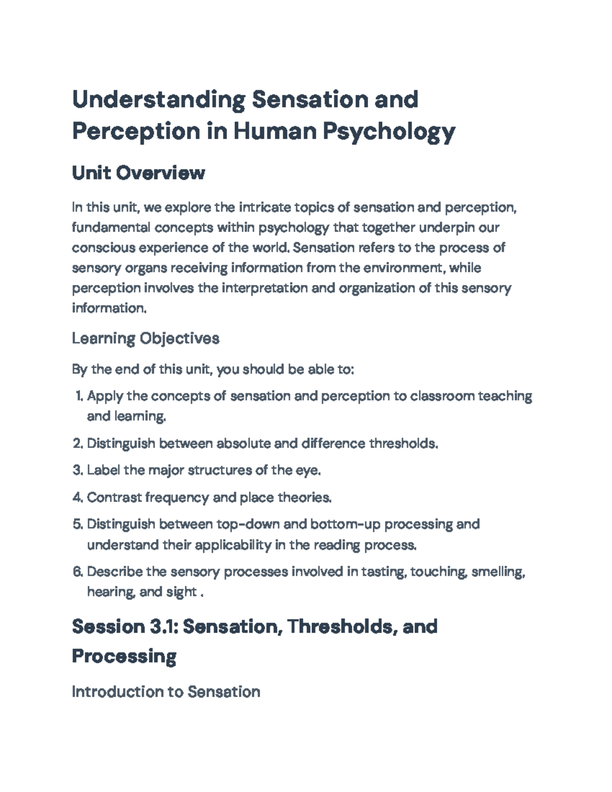 Understanding Sensation and Perception in Psychology: Unit Overview ...