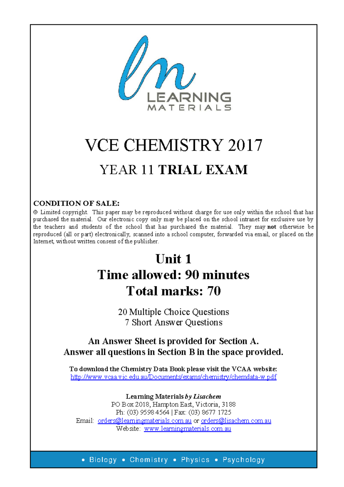 VCE Chemistry 2017 Year 11 Trial Exam Unit 1: Materials Diversity - Studocu