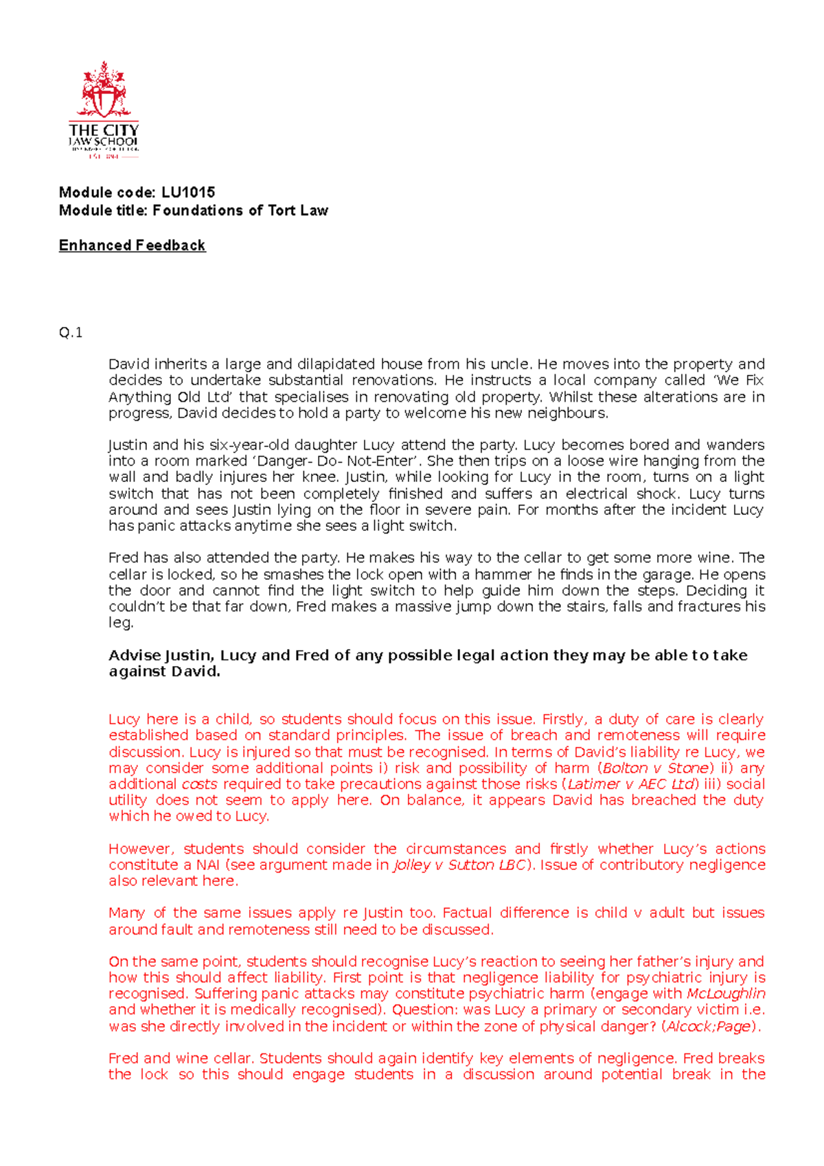 LU1015 Final Exam Feedback on Tort Law Case Studies 2022 - Studocu