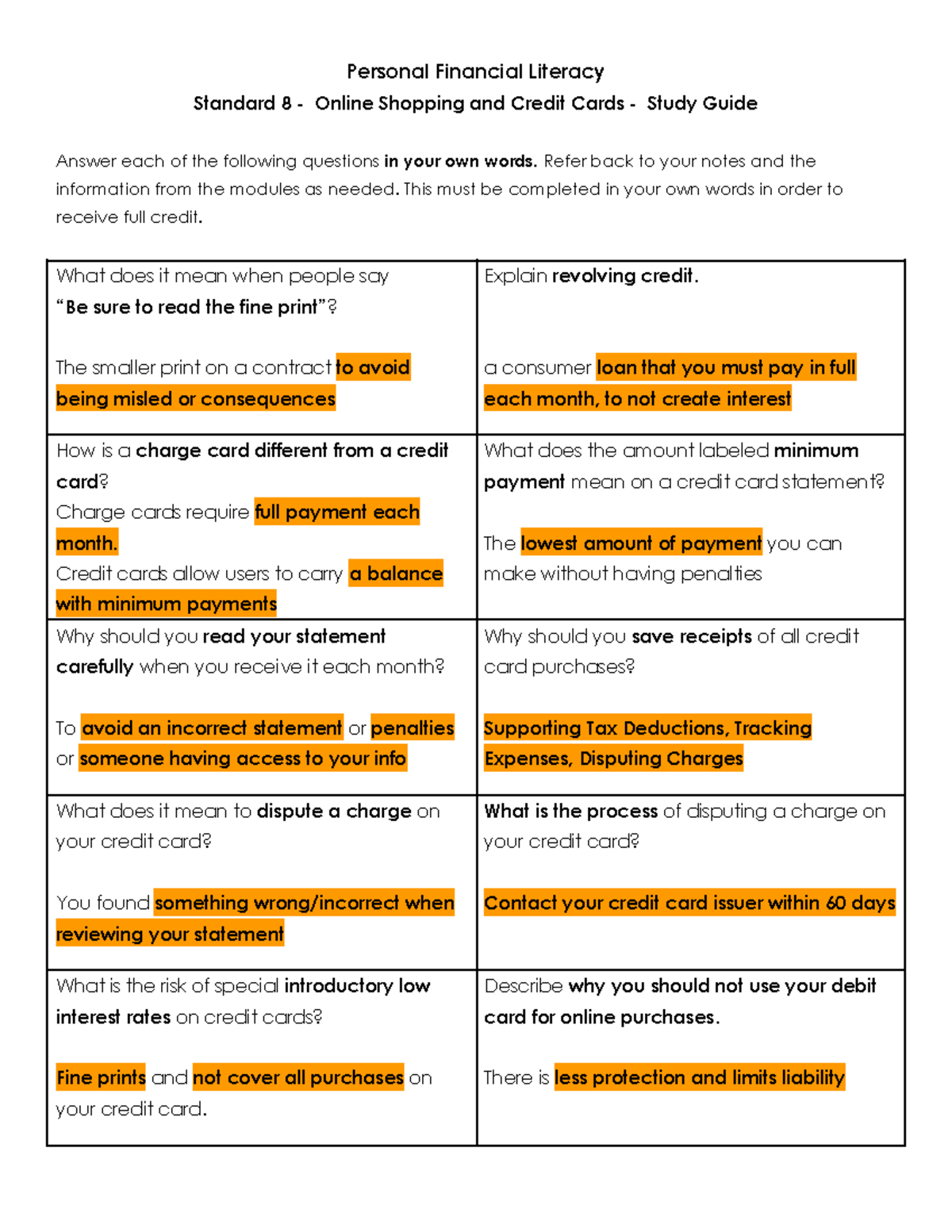 PFL Standard 8: Online Shopping & Credit Cards Study Guide - Studocu
