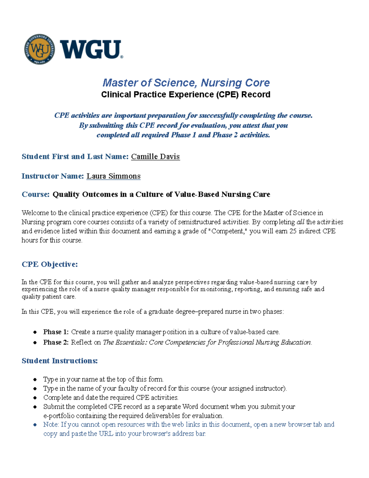 CDE 140 Clinical Practice Experience Record for Nurse Quality ...