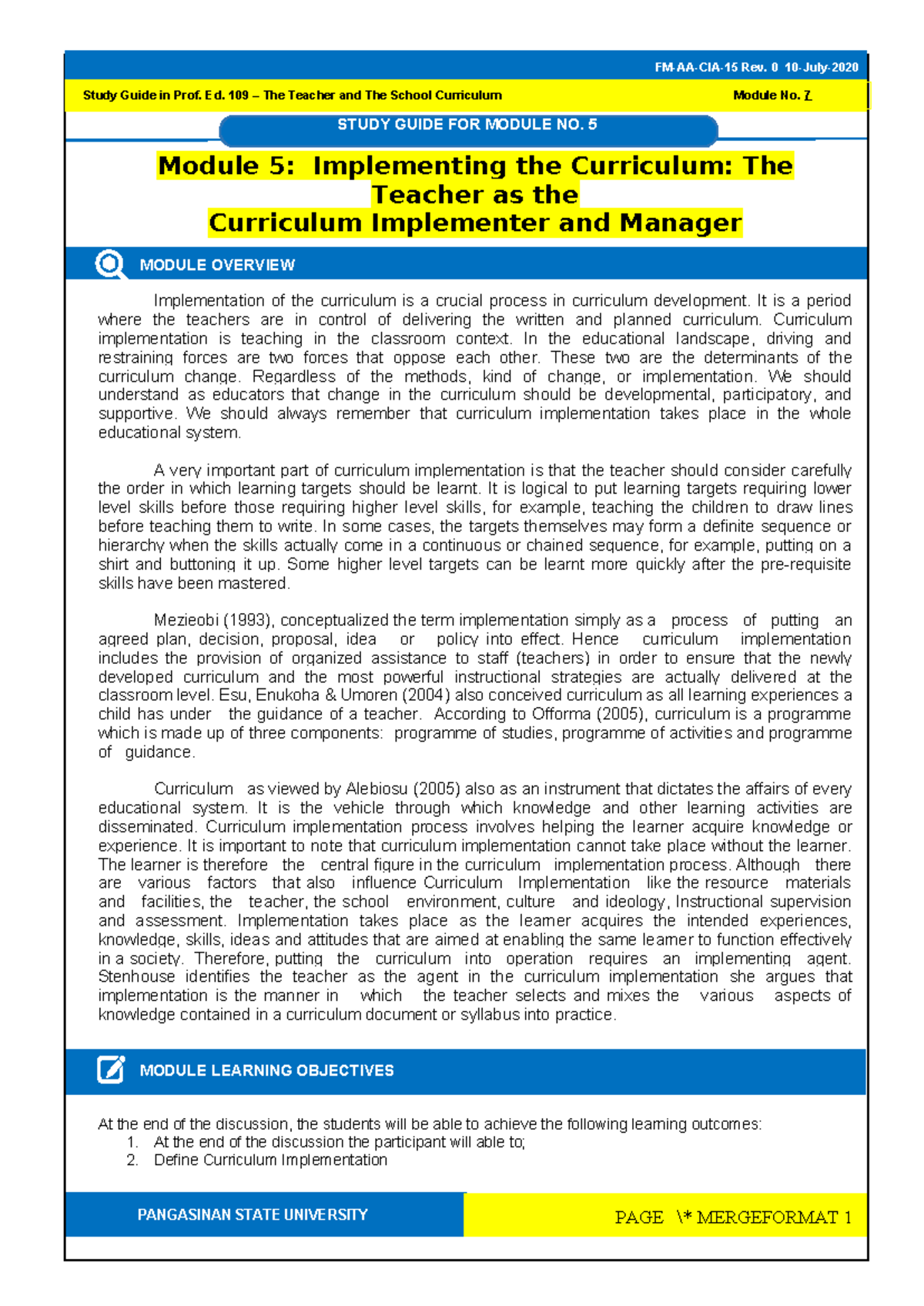 Prof. Ed. 109 Study Guide: Module 5 - Curriculum Implementation ...