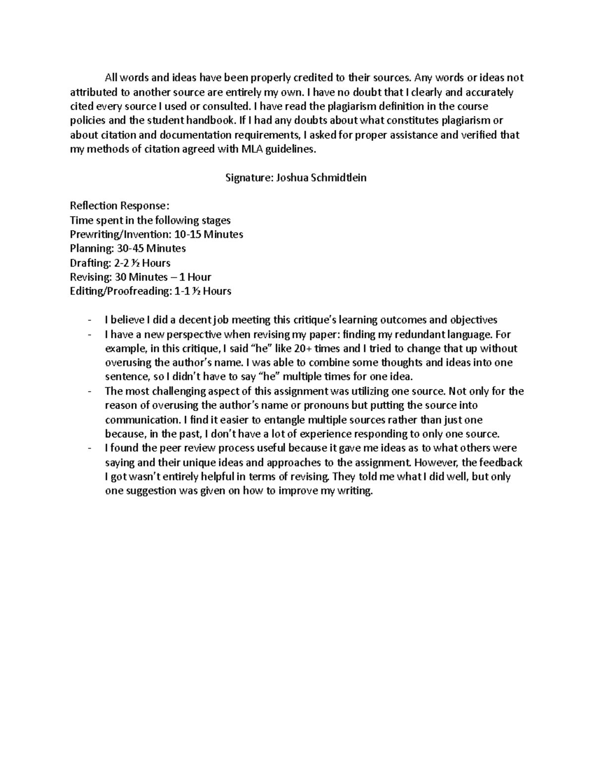 MLA Writing Process Report: Article Critique Reflection & Analysis ...