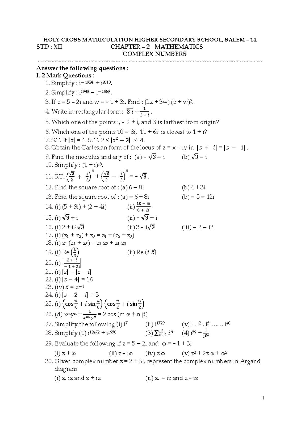 12 Maths CH 2 Complex Numbers: Detailed Solutions and Exercises - Studocu